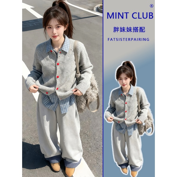 百搭针织开衫格子衬衫阔腿裤套装