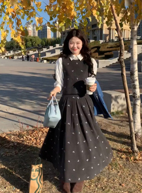 大码胖mm韩式高级感长袖衬衫马甲半身裙三件套女秋季简约通勤套装