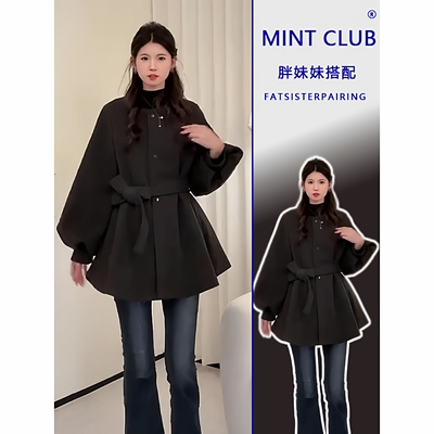 法式气质圆领灯笼袖系带毛呢外套