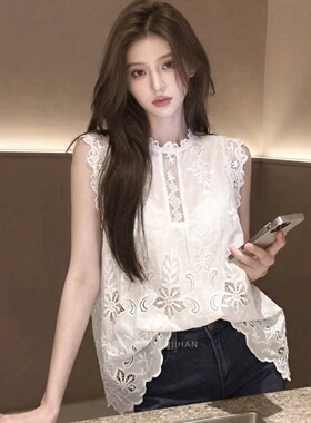 大码胖MM通勤风白色蕾丝刺绣镂空花边无袖背心女气质百搭衬衫上衣