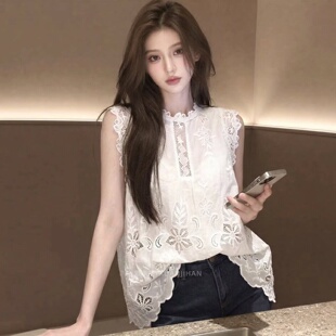 大码胖MM通勤风白色蕾丝刺绣镂空花边无袖背心女气质百搭衬衫上衣