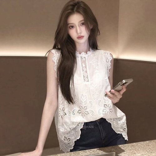 白色蕾丝刺绣镂空花边无袖背心女