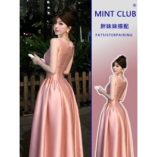 大码胖MM法式千金风粉色洋气女装名媛气质收腰生日礼服绝美连衣裙