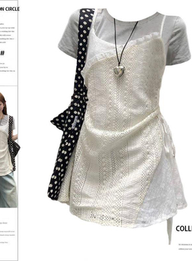 大码胖mm法式叠穿外搭白色蕾丝吊带短裙子+灰色基础款T恤两件套装