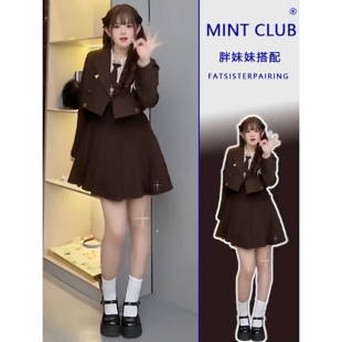 春秋新款胖MM大码法式复古POLO领撞色拼接假两件连衣裙西装套装女