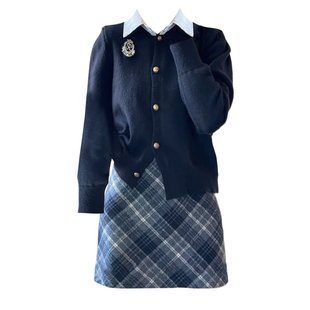 胖妹妹美式 针织衫 小众学院风套装 新款 上衣搭配格纹短裙 秋冬季 大码