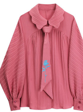 大码胖mm复古翻领长袖花缎粉色设计感法式宽松休闲独特内搭上衣潮