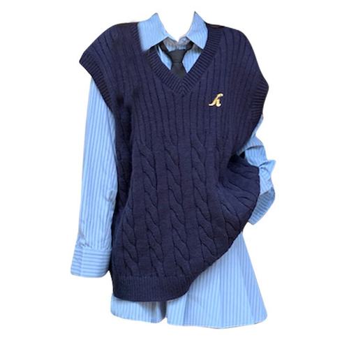 复古学院针织马甲条纹衬衫连衣裙