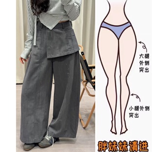 新款 大码 胖MM通勤风高腰灰色阔腿裤 女春季 子 高级感屁帘拼接宽松裤