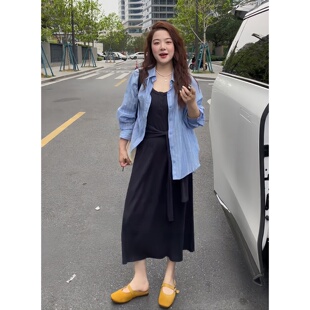 绑定背心连衣裙时尚 两件套 胖MM韩系减龄条纹宽松显瘦蓝色衬衫 大码