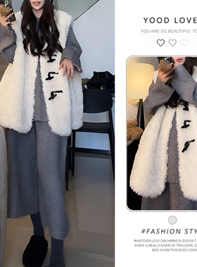 大码胖mm韩系慵懒风白色羊羔毛马甲针织上衣裤子秋冬显瘦三件套女