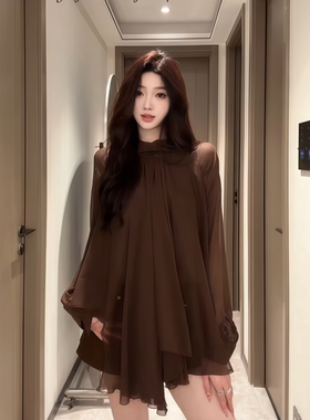 大码胖mm法式氛围感慵懒风不规则长袖上衣女春季新款时尚气质衬衫