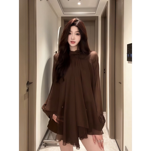 大码胖mm法式氛围感慵懒风不规则长袖上衣女春季新款时尚气质衬衫