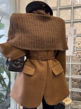 大码胖mm复古通勤风斗篷针织咖色中长毛呢外套女秋冬腰带百搭大衣