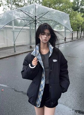 胖MM设计感格纹拼接假两件棉服女
