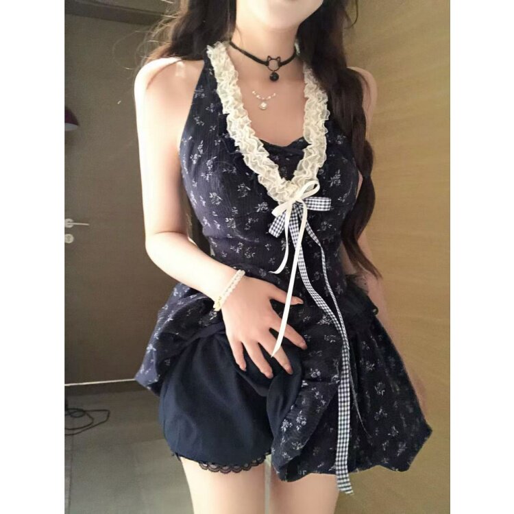法式气质绝美碎花吊带连衣裙女图片