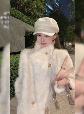大码胖mm温柔风白色羊羔毛长款加厚双排扣大衣女秋冬显瘦毛呢外套