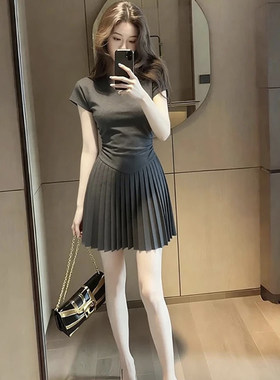 大码胖MM法式小众复古气质灰色短袖连衣裙女夏季新款收腰显瘦短裙