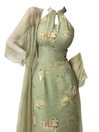 大码胖mm新中式女装古风改良旗袍挂脖连衣裙女夏季高端气质两件套