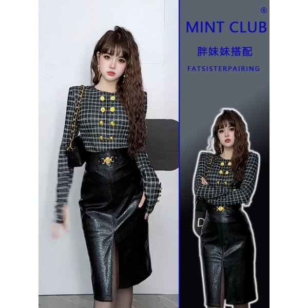 大码春季新款轻熟风黑色开叉包臀半身裙女胖mm双排扣内搭修身上衣,女装/女士精品,时尚套装,淘宝优惠券,粉丝福利购,淘宝优惠卷