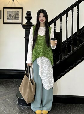 微透上衣绿色镂空针织背心套装