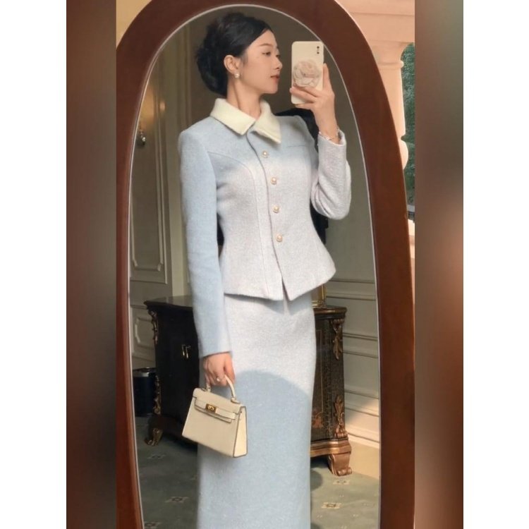 大码胖MM法式小香风翻领收腰修身毛呢外套女百搭开叉半身裙两件套,女装/女士精品,时尚套装,淘宝优惠券,粉丝福利购,淘宝优惠卷