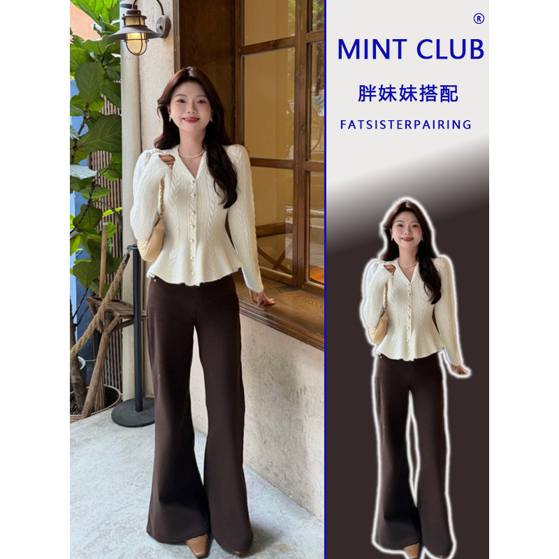 春秋新款简约风V领麻花针织衬衫女胖mm设计感珍珠扣大码显瘦上衣