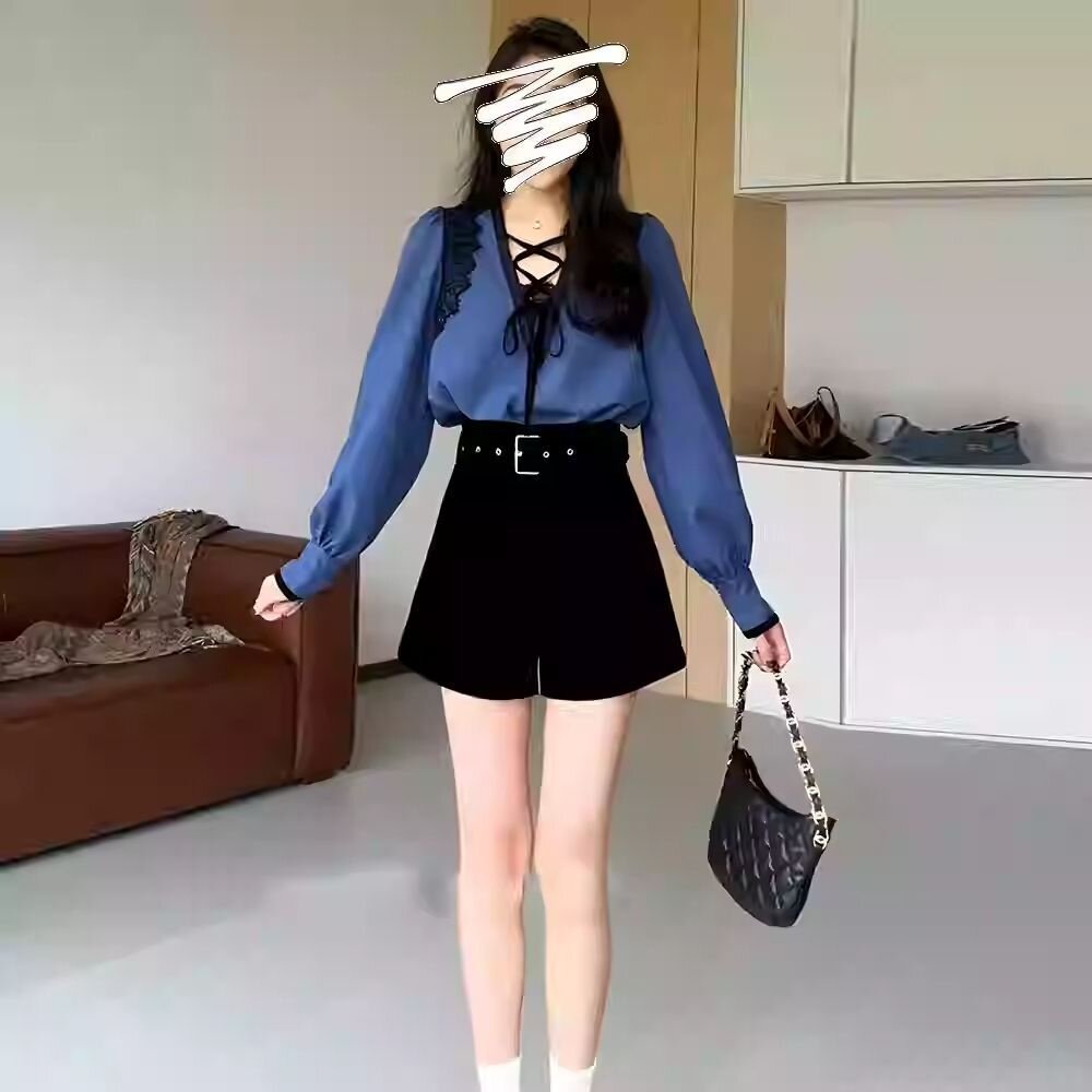 大码胖mm法式绑带蕾丝衬衫黑色短裤两件套装女巨显瘦春秋季一整套