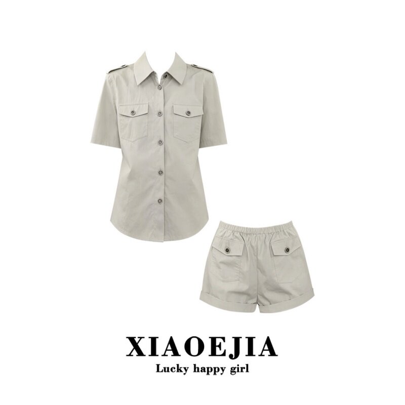 大码胖MM通勤风翻领显瘦短袖衬衫女夏季新款修身百搭短裤两件套装