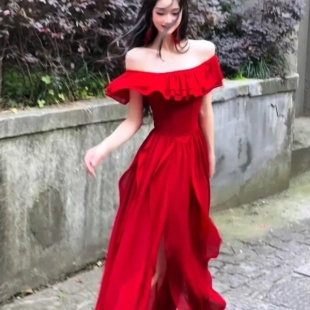 海边度假风长裙子 大码 胖MM法式 复古荷叶边一字肩连衣裙女夏季 新款