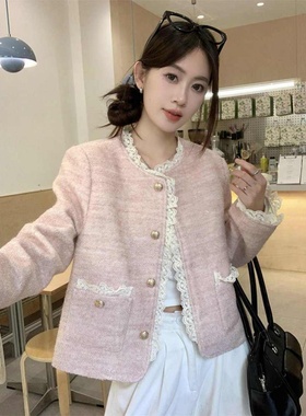 欧货粉色蕾丝洋气独特别致上衣高级感超好看正肩外套女装秋季新款