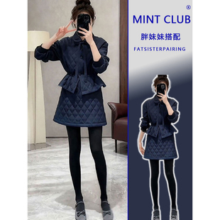 大码胖MM轻奢风减龄蝴蝶结棉服外套女冬季新款菱格A字半身裙套装
