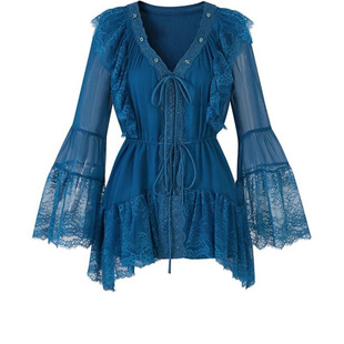 连衣裙大码 设计感蕾丝拼接荷叶边喇叭袖 胖MM收腰绑带裙子 新款 夏季