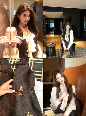 大码胖mm法式设计感背心裙内搭衬衫两件套女秋季小香风裙子一整套