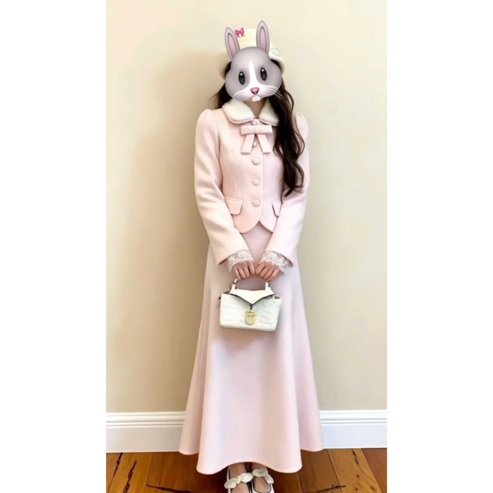 秋冬粉色外套高腰半身裙两件套装