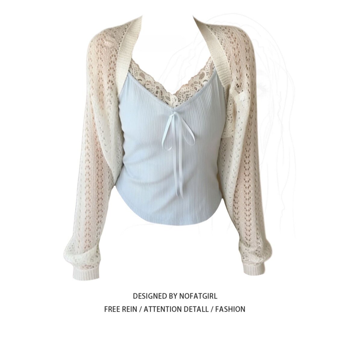 大码胖MM法式蕾丝拼接修身显瘦吊带背心夏季新款镂空防晒罩衫套装