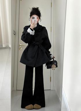 大码胖mm韩版黑色短款毛呢大衣女装秋冬新款系带收腰千金感外套潮
