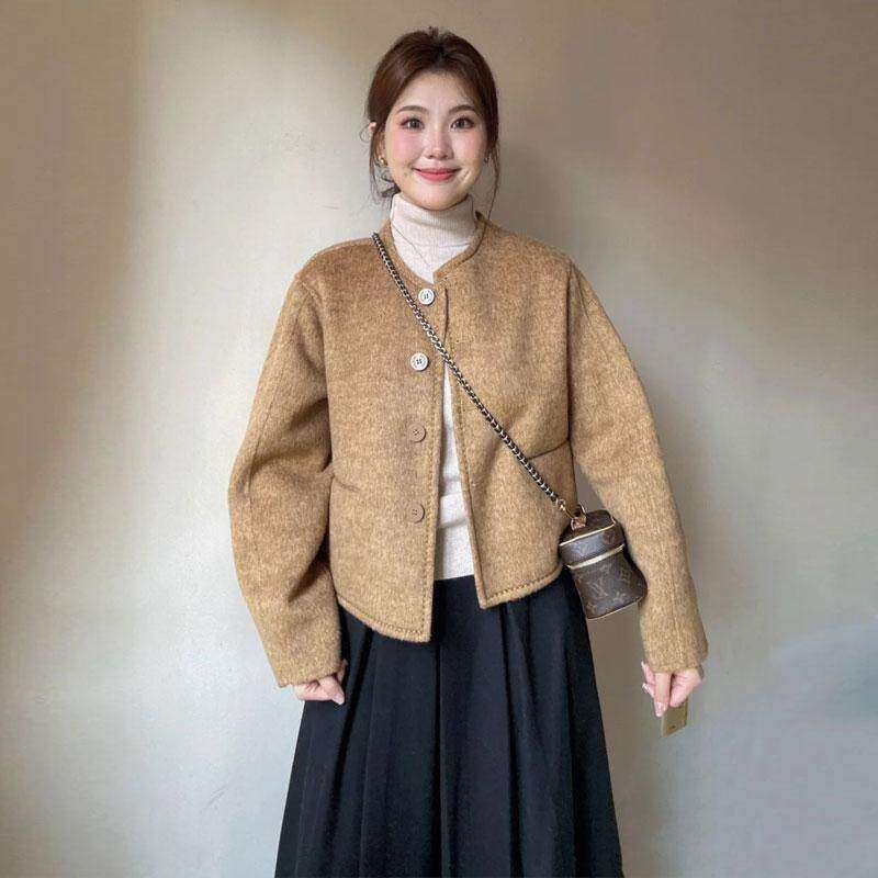 大码胖MM韩系姜黄色高级感圆领毛呢外套女短款呢子大衣半身裙套装,女装/女士精品,时尚套装,淘宝优惠券,粉丝福利购,淘宝优惠卷