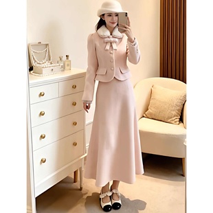 秋冬富家千金小香风气质粉色收腰毛呢外套大码 胖MM高腰半身裙套装