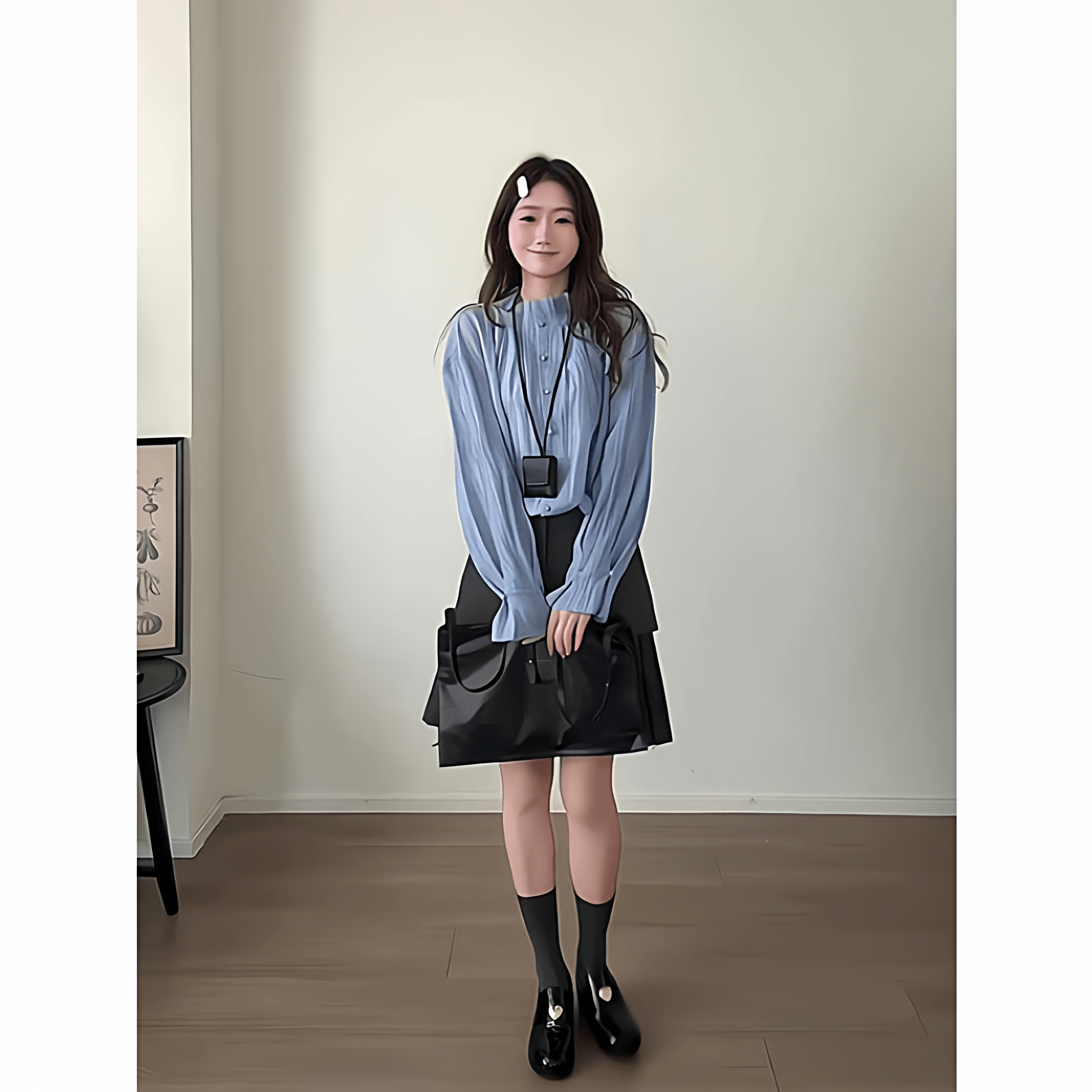 韩系气质显瘦长袖衬衫高腰半身裙