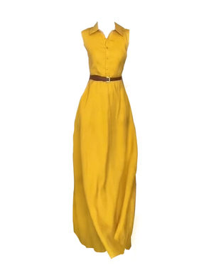 大码韩系简约气质黄色无袖衬衫连衣裙女夏季胖MM高级感收腰长裙潮