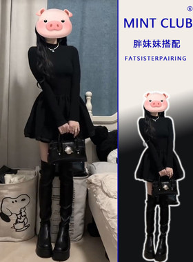 赫本风富家千金黑色针织连衣裙女