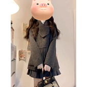 大码 胖mm韩系学院风灰色围巾领毛呢外套女春秋高级感宽松显瘦大衣