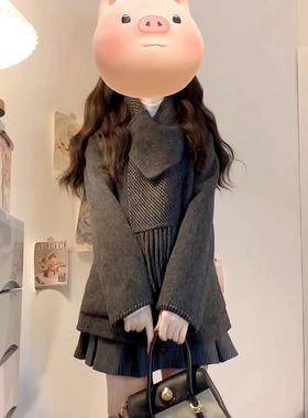 大码胖mm韩系学院风灰色围巾领毛呢外套女秋冬高级感宽松显瘦大衣