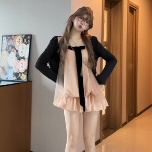 大码胖MM法式纯欲风复古网纱开衫女夏季新款绝美波点吊带两件套装