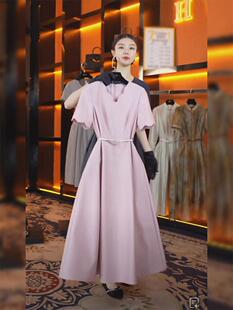 连衣裙女夏季 气质名媛高级感长裙高端精致粉色短袖 胖妹妹法式 大码