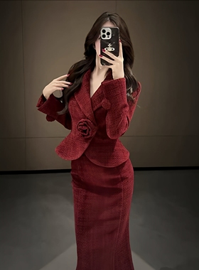 大码胖mm法式复古立体玫瑰外套女小香风包臀鱼尾半裙两件套装ins