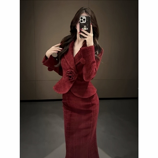 ins 复古立体玫瑰外套女小香风包臀鱼尾半裙两件套装 大码 胖mm法式