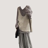 大码 三件套女 t恤镂空针织马甲阔腿裤 胖mm慵懒风休闲套装 上衣长袖