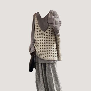 t恤镂空针织马甲阔腿裤 上衣长袖 三件套女 胖mm慵懒风休闲套装 大码